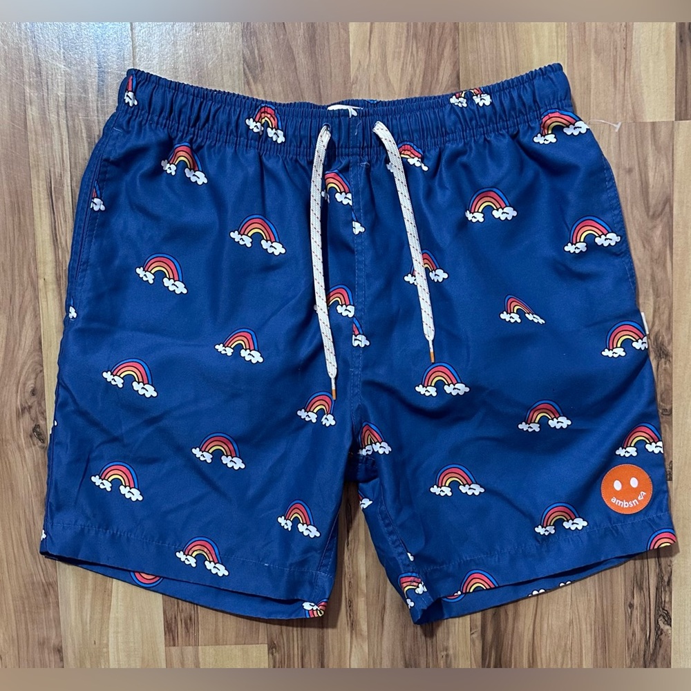ambsn California Rainbow Print Swim Trunks Men’s Blue Drawstring Board Shorts L